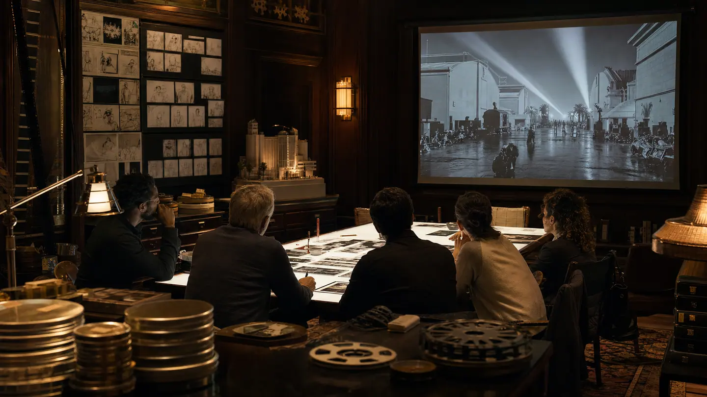 A conceptual creative council reviews storyboards, models and studio imagery around an illuminated table