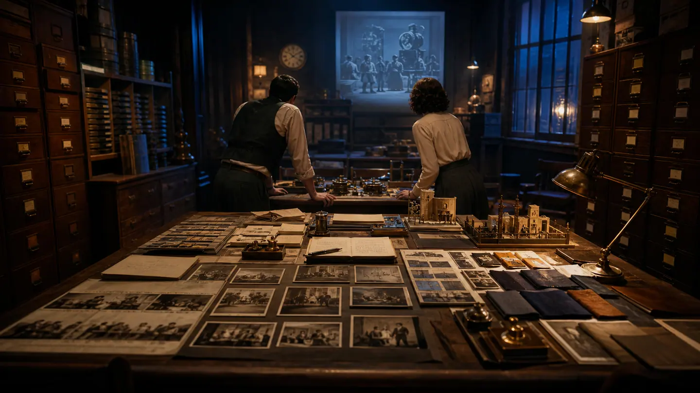Two creators review story, design and production evidence inside a walnut and brass studio archive
