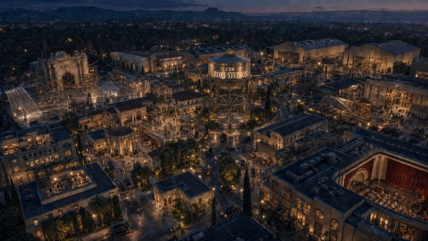 The RORI Studio Atlas imagined as a Golden Age motion-picture studio lot at blue hour