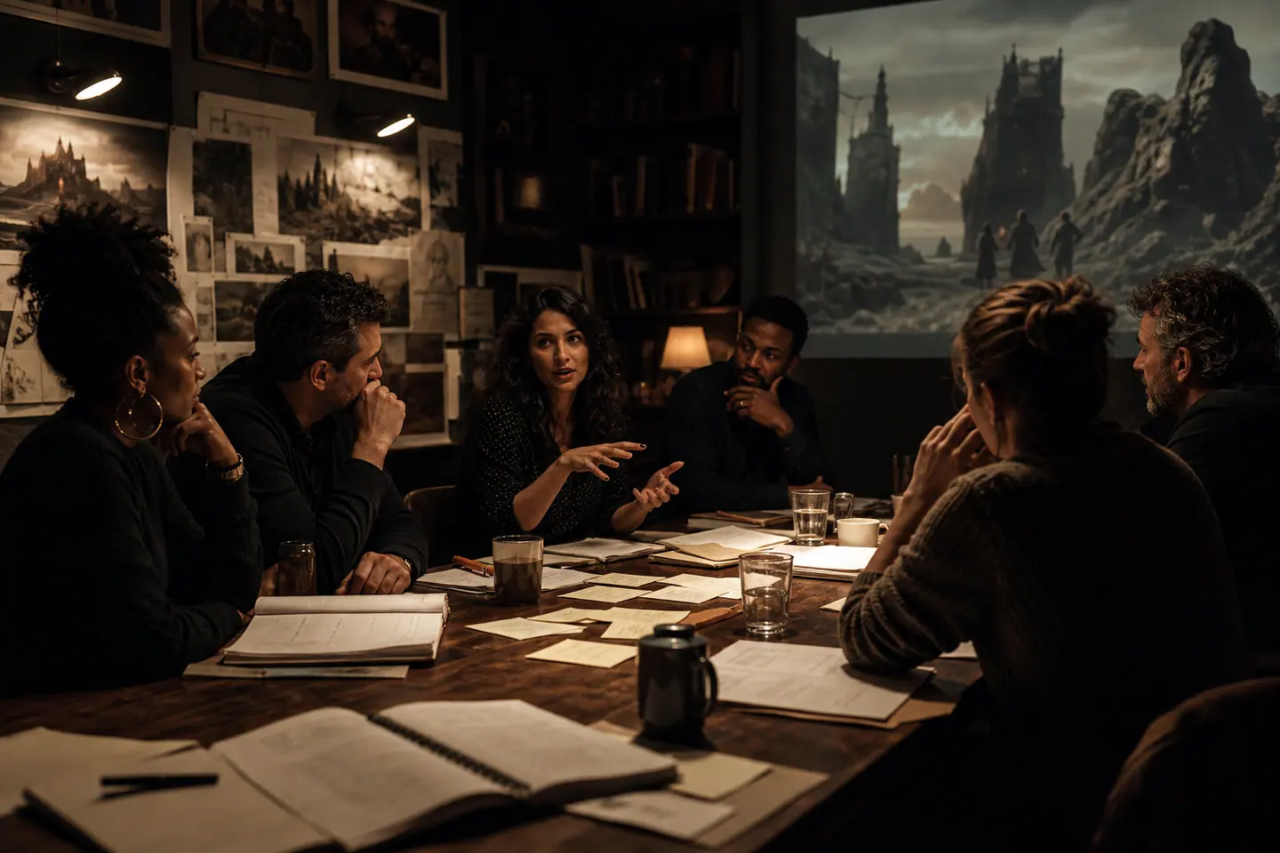 A conceptual human story team develops a production together in a tactile writers room