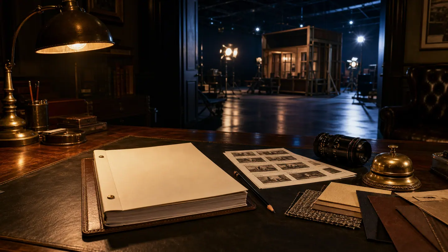 A blank bound script and production materials wait inside a Golden Age story office opening onto a working soundstage