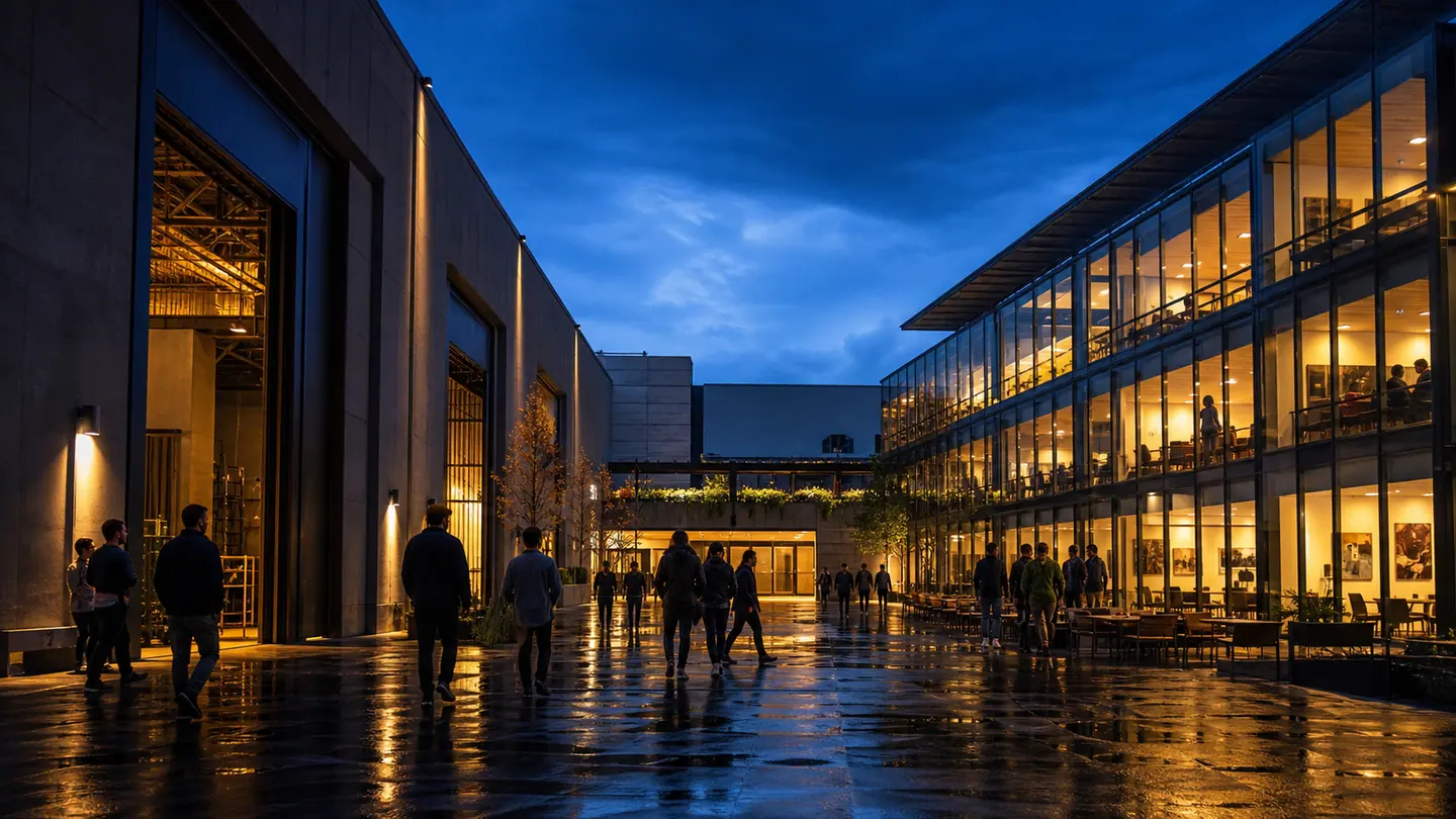 The RORI studio system imagined as a connected creative campus at blue hour